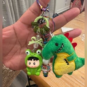 Green Dinosaur and Frog Keychain Set